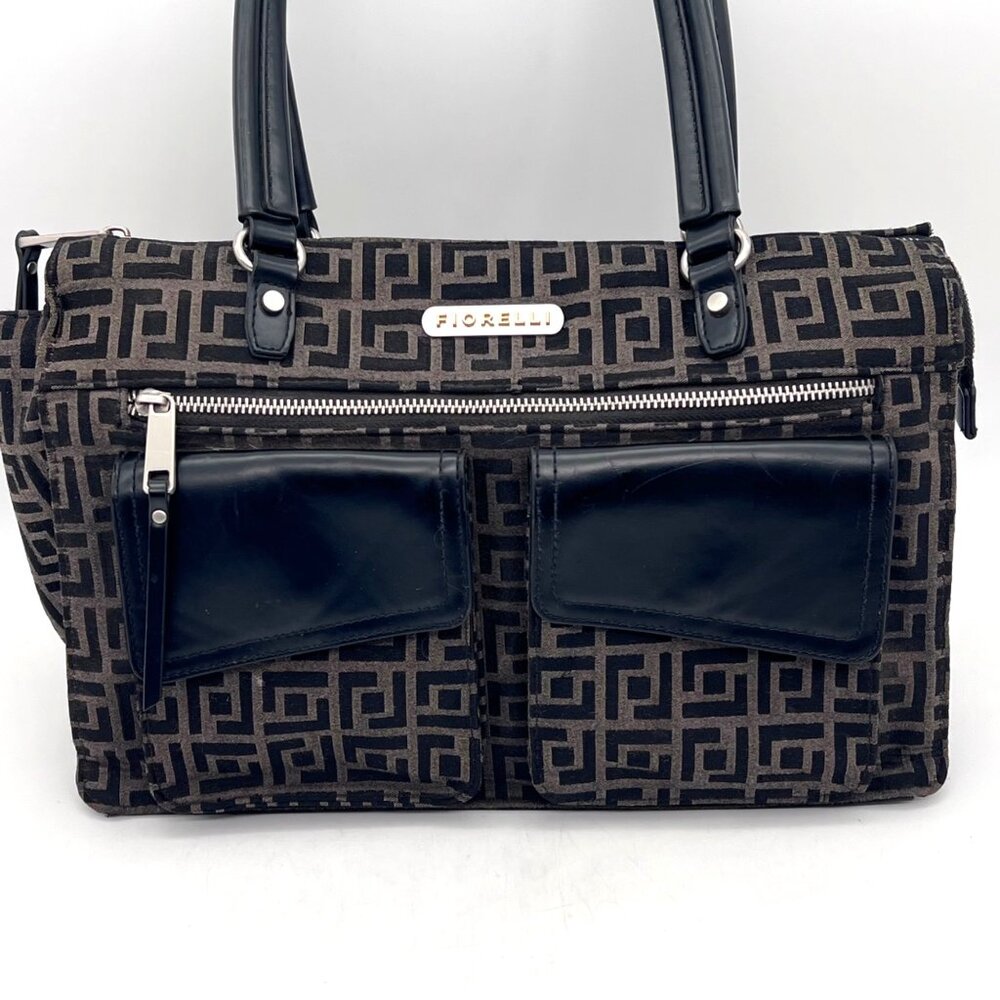 Vanessa Fiorelli Satchel Purse Black Gray Geometric Jacquard Zippers & Snaps - Picture 2 of 16